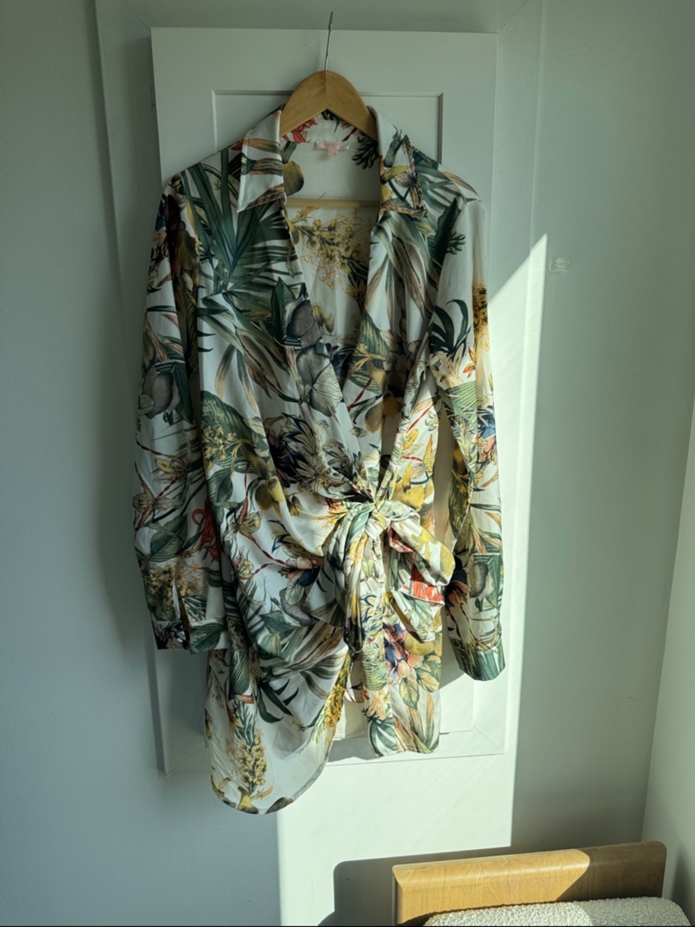 Vici Tropical Floral Wrap Dress in White, Green, Yellow - Picture 9 of 12